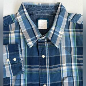 Wangler Men's XLT 100% Cotton Blue White Green Plaid Long‎ Sleeve Snap Button Up